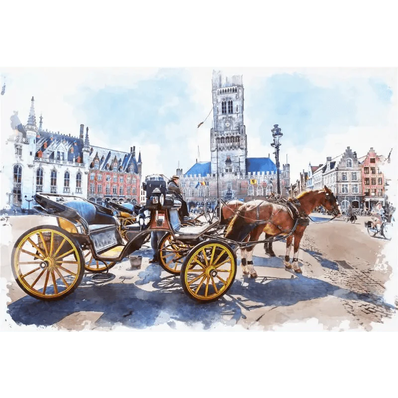 Horse-drawn carriage in a city square with historic buildings