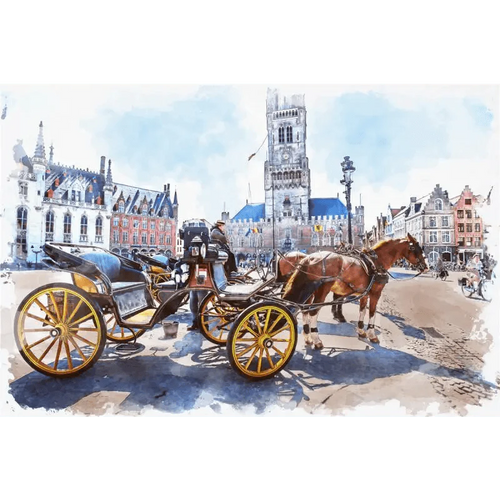 Horse-drawn carriage in a city square with historic buildings