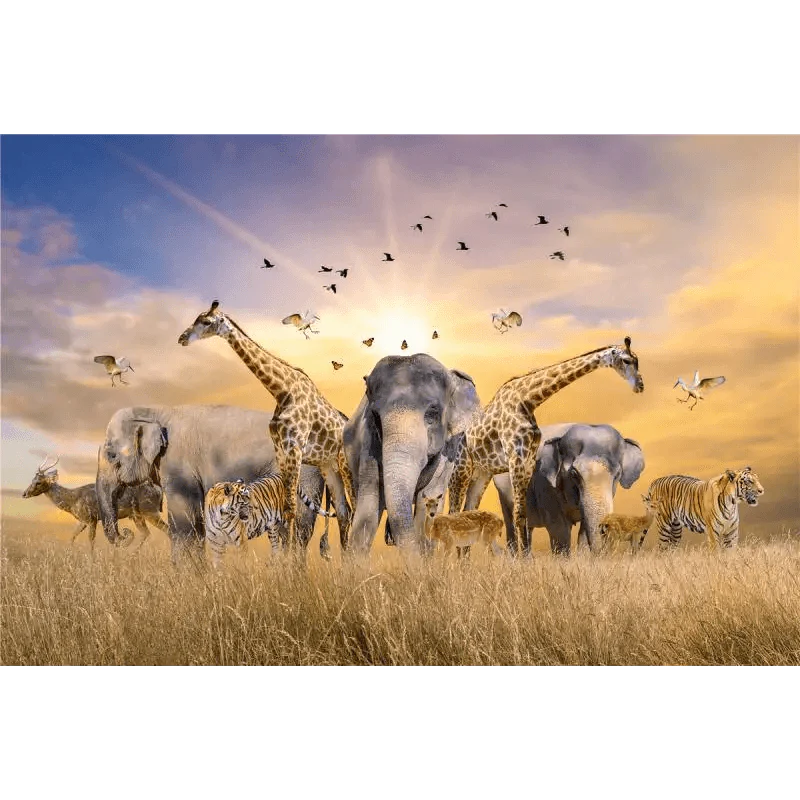 Group of animals including giraffes, elephants, and tigers in a savanna with a sunset sky.