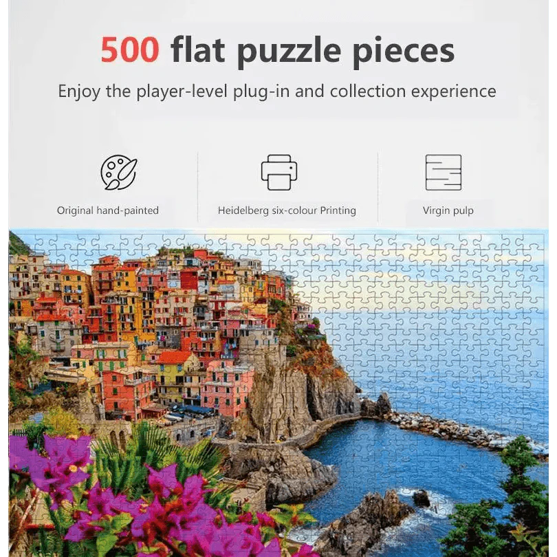 Jigsaw puzzle packaging with colorful coastal scene and text about puzzle pieces and printing methods.
