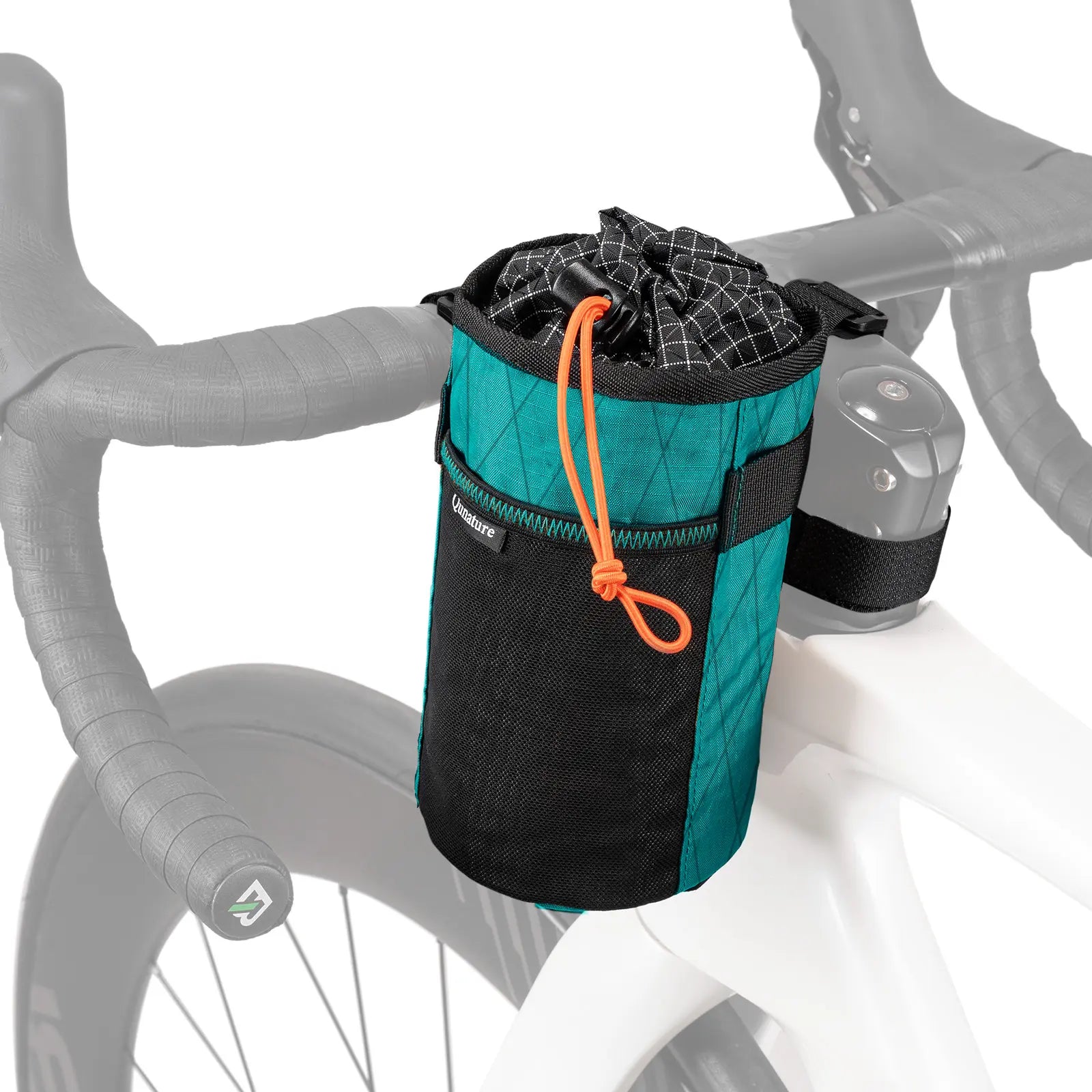 A teal and black bicycle handlebar bag with an orange drawstring, mounted on a bicycle frame with a faded, ghosted background of handlebars and a wheel.