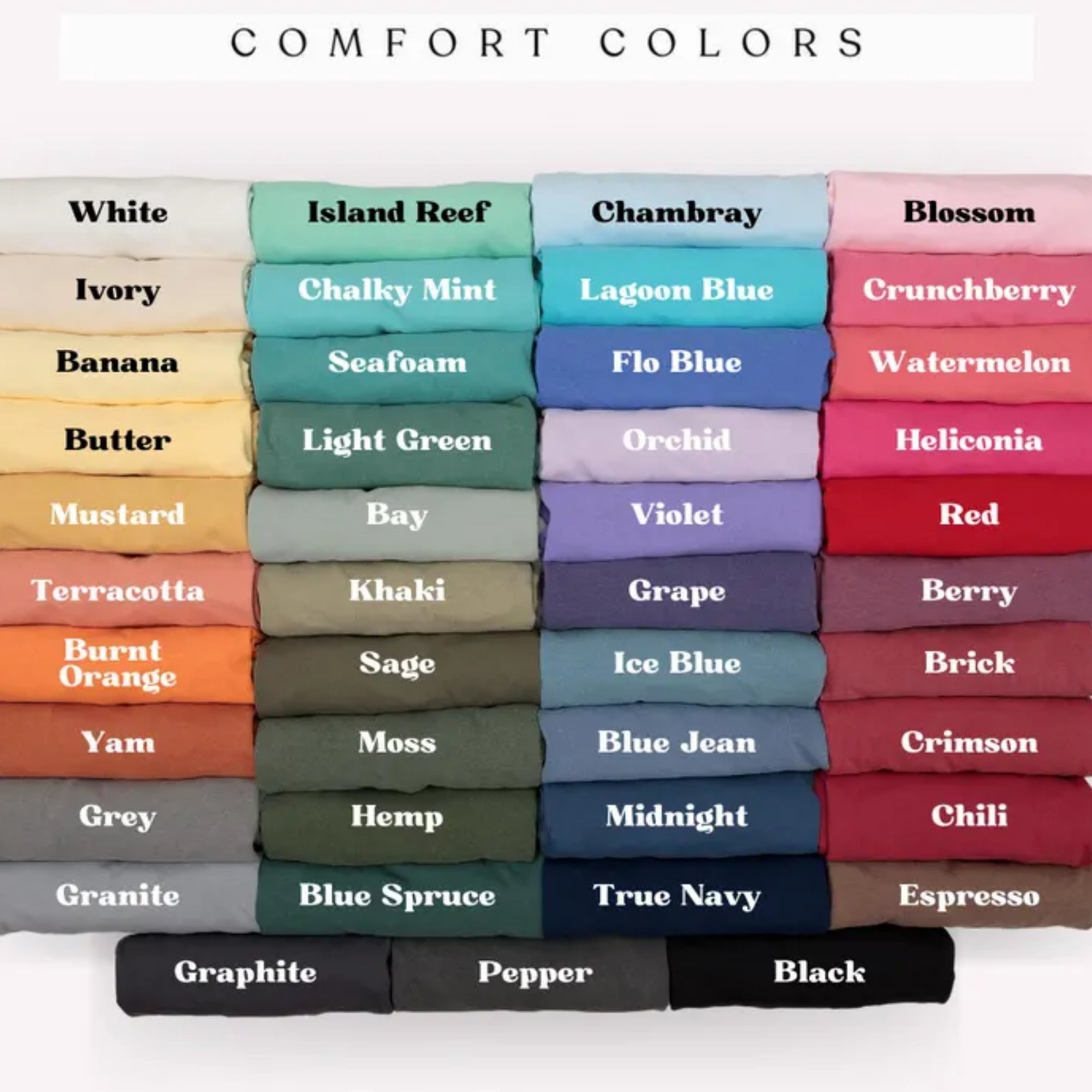 Collection of folded towels in various colors with labels on a white background