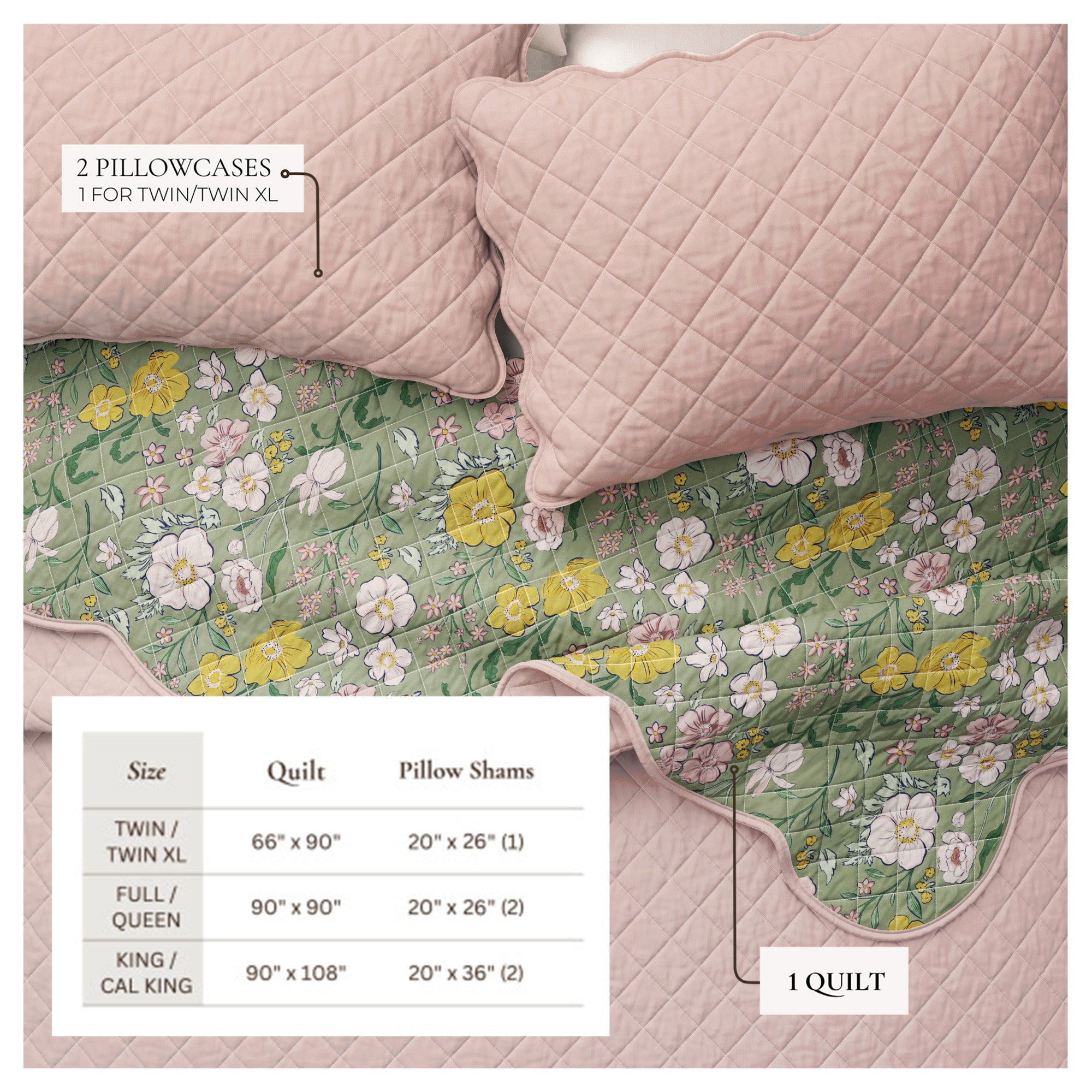 Floral Scalloped Edge Quilt Set — Reversible Cotton, Down Alternative | Vintage-Inspired
