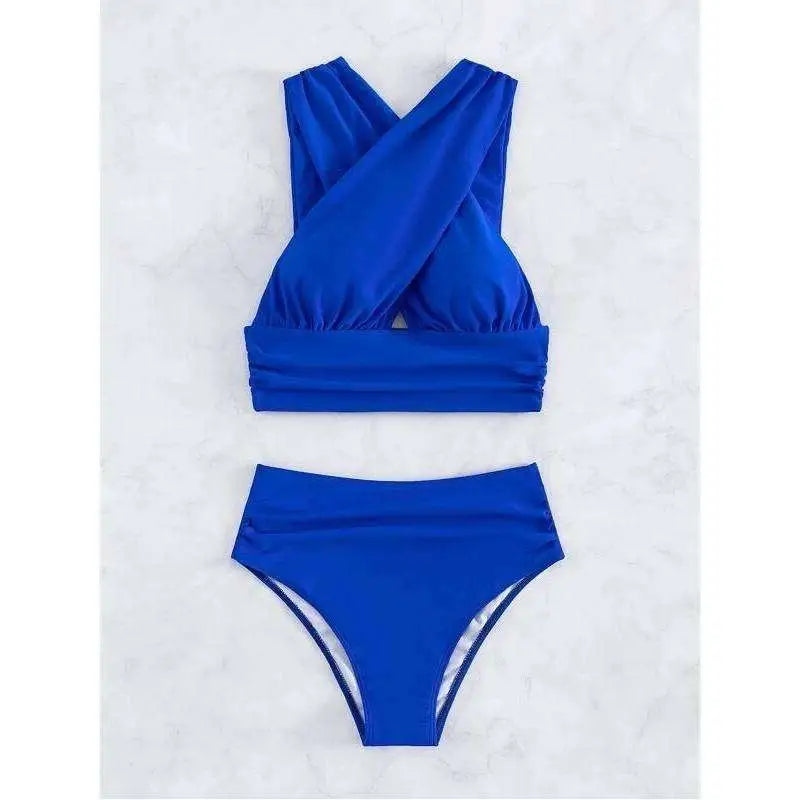 Cross-Halterneck Pleated Swimsuit – Solid Color Two-Piece Swimwear