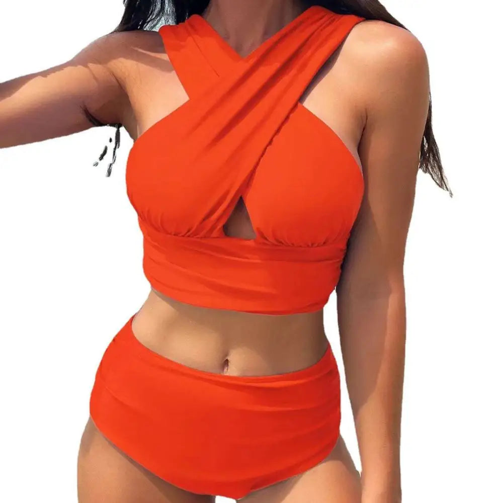 Cross-Halterneck Pleated Swimsuit – Solid Color Two-Piece Swimwear