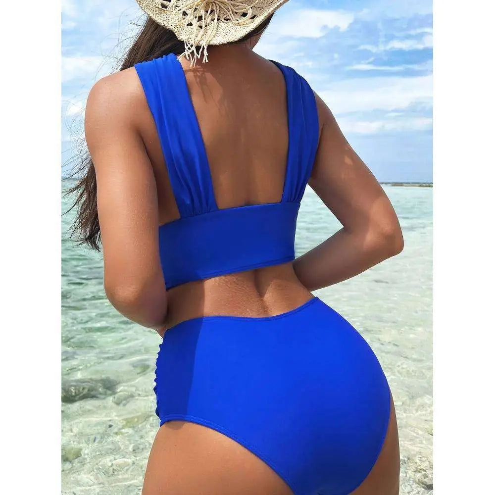Cross-Halterneck Pleated Swimsuit – Solid Color Two-Piece Swimwear
