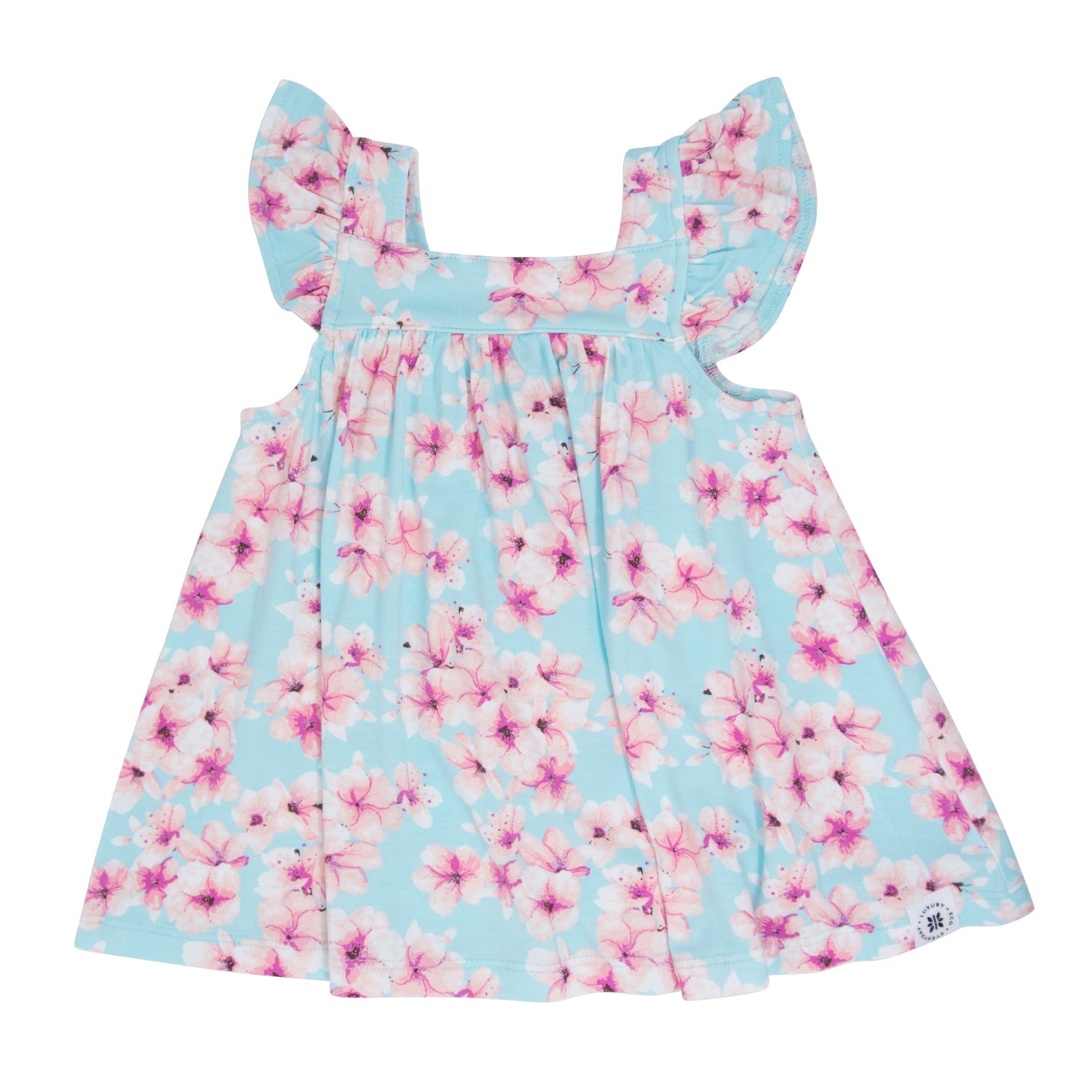 Floral dress with pink flowers on a light blue background