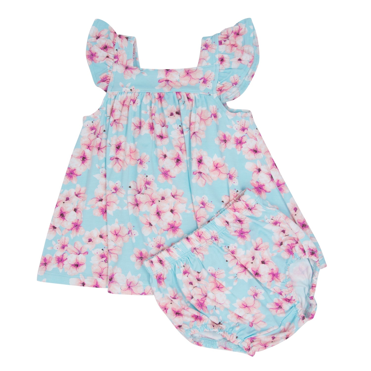 Floral baby romper with pink and blue flowers on a light blue background