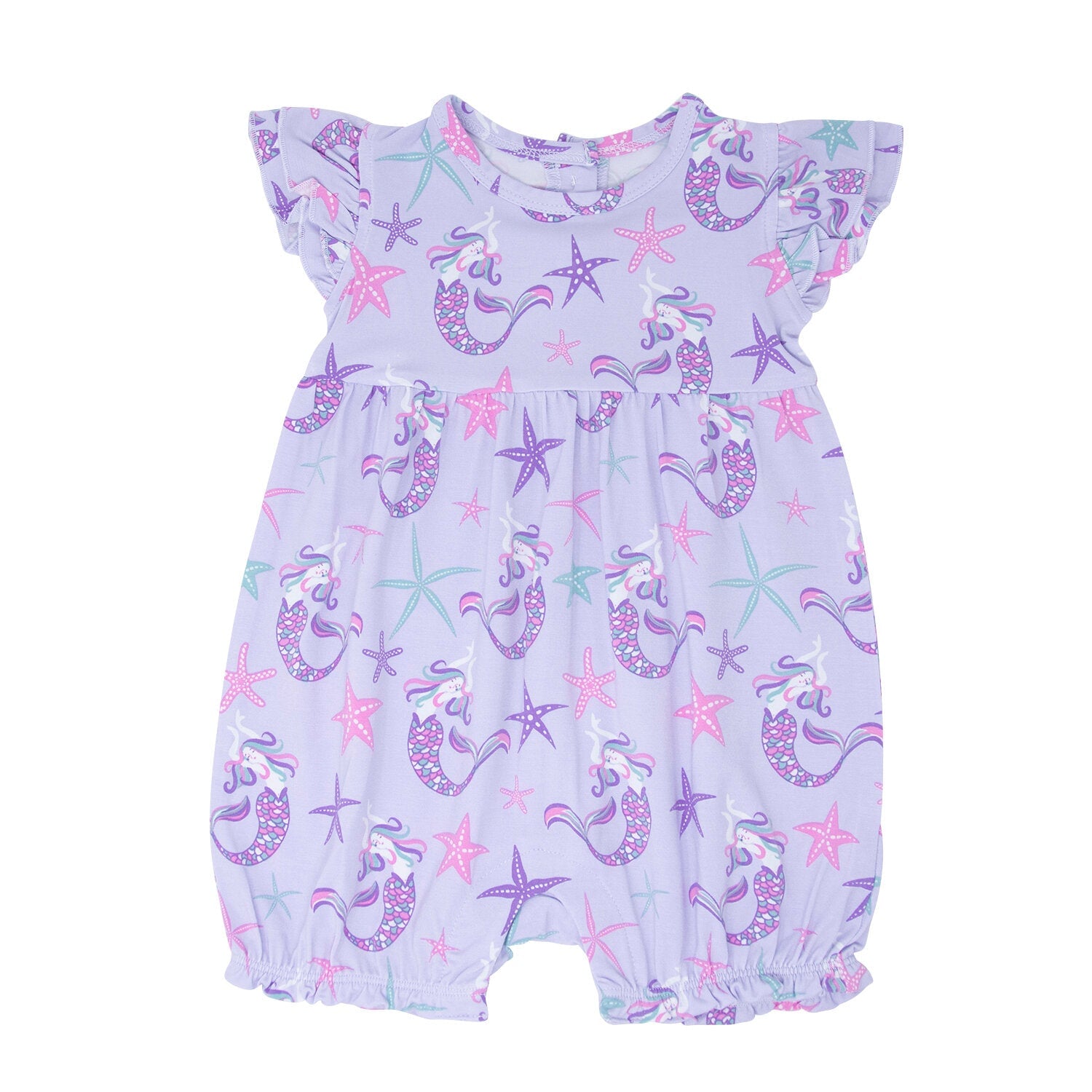 Baby romper with mermaid and starfish pattern on a light purple background