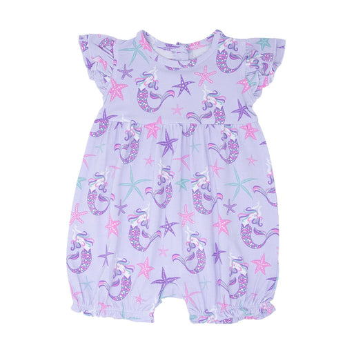 Baby romper with mermaid and starfish pattern on a light purple background