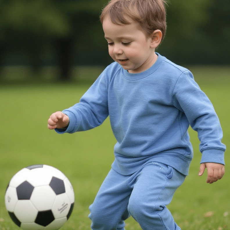 Child in blue outfit playing with a soccer ball on a grassy field