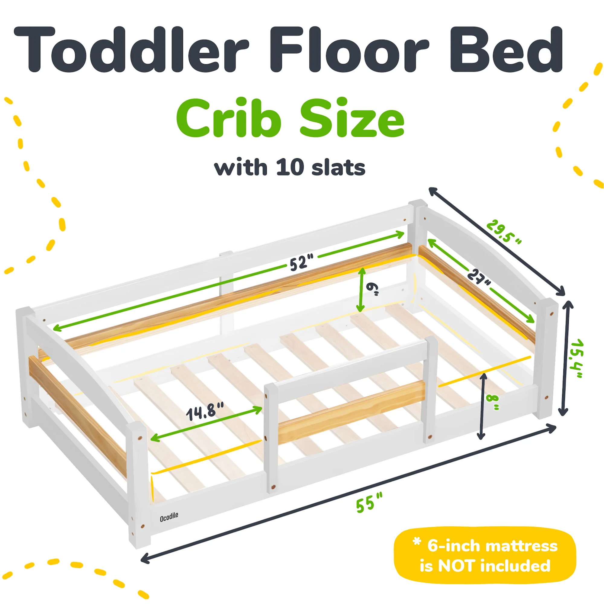 Toddler Bed with Full Safety Rails — Pine & Birch Wood, Fits Standard Crib Mattress