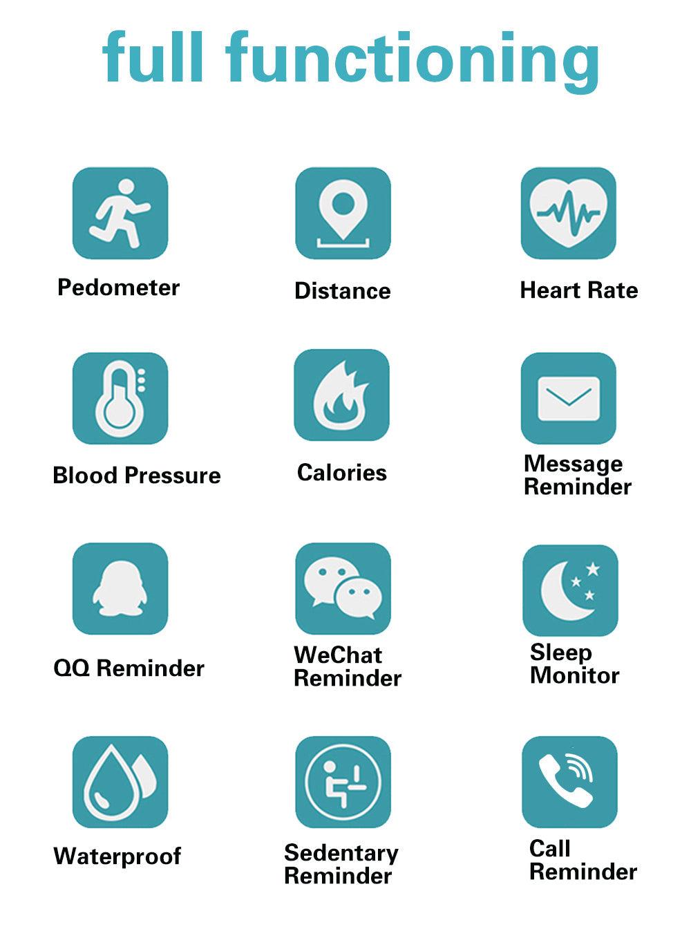 Set of icons representing various health and fitness functions on a white background.