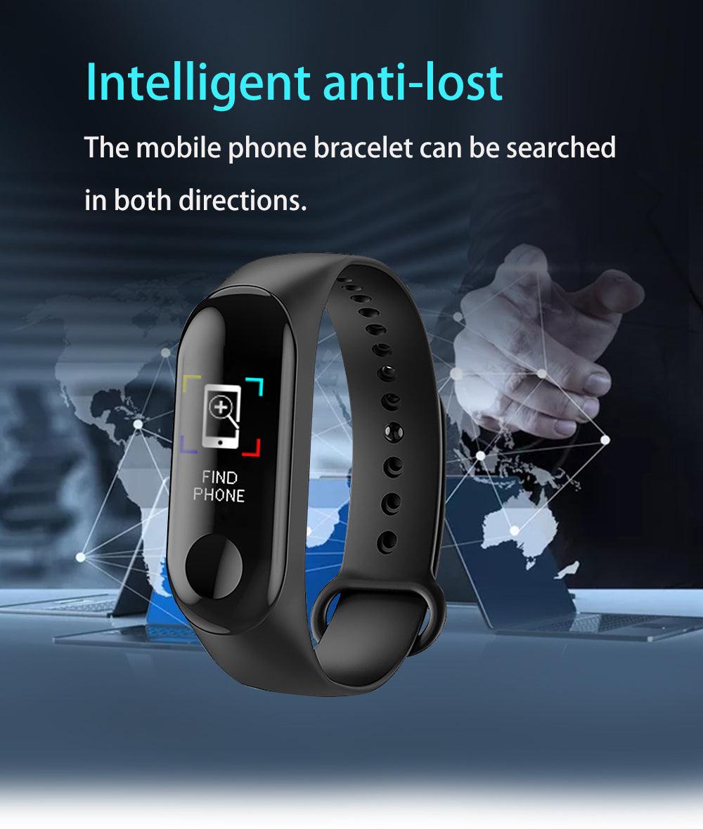 Black smartwatch with 'Find Phone' feature on a world map background