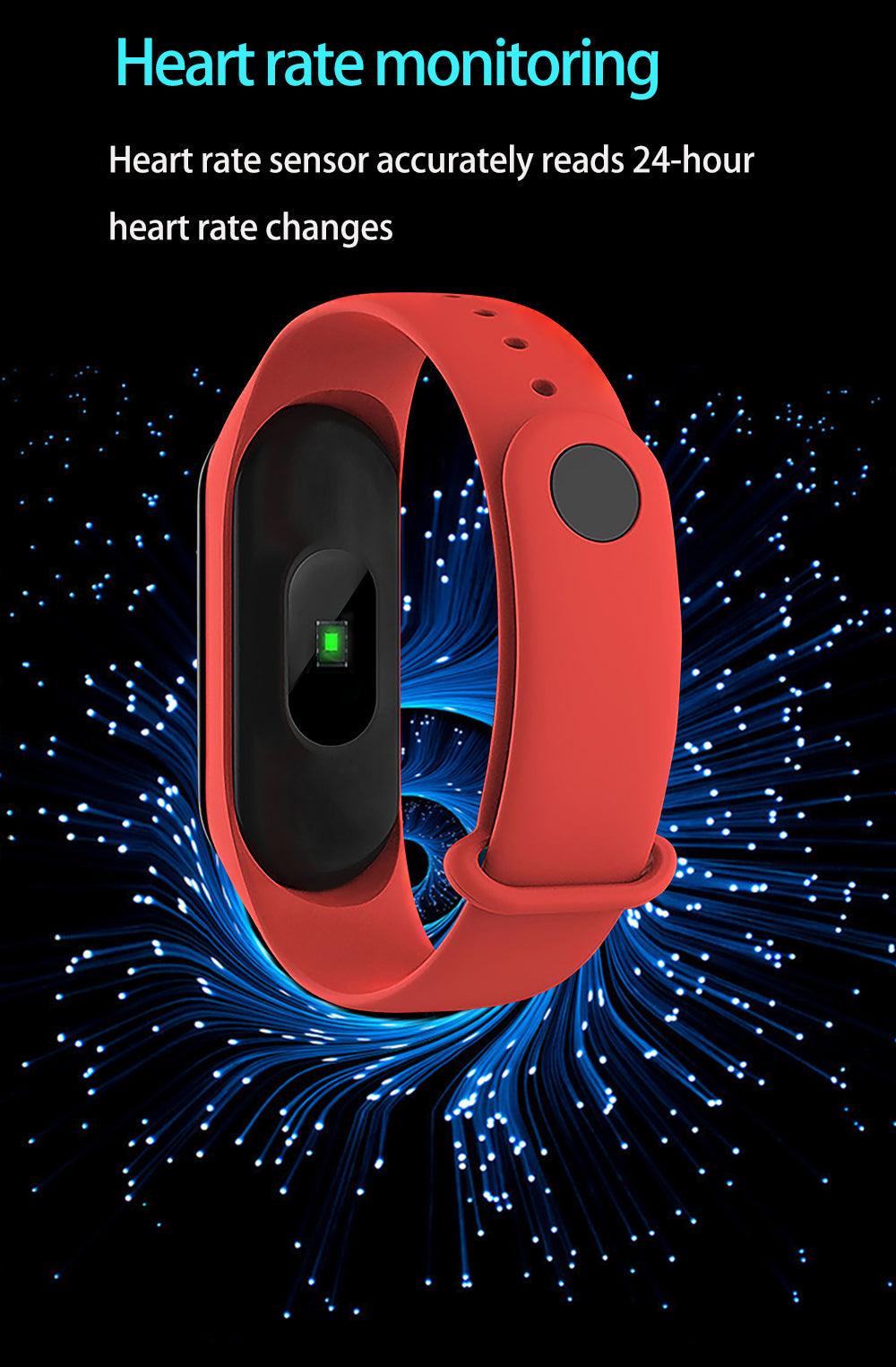 Red fitness tracker with heart rate monitoring feature on a dark background