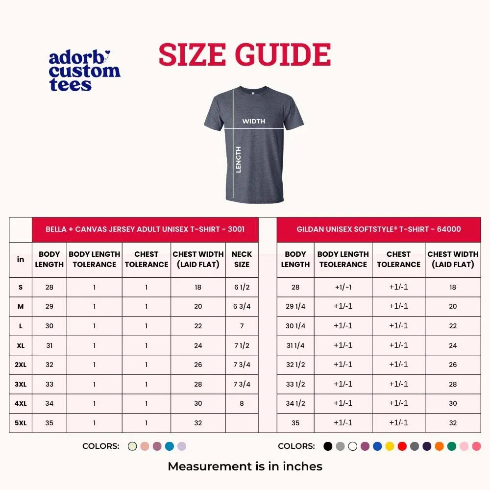 Size guide for Bella + Canvas and Gildan t-shirts with a gray t-shirt on a white background.