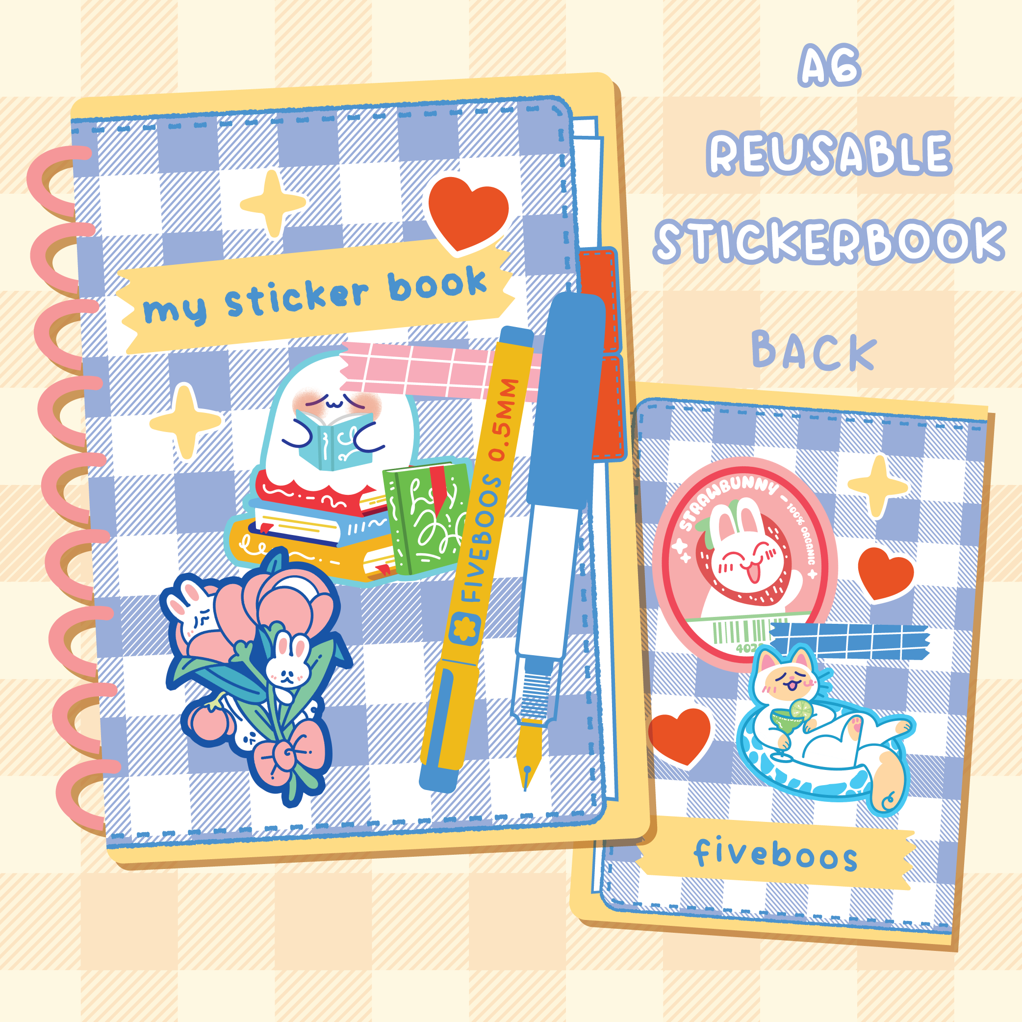 Reusable stickerbook with colorful design and 'fiveboos' branding on a checkered background