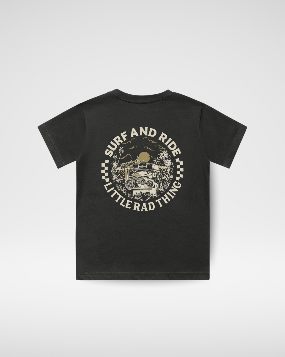 Black t-shirt with graphic design and text on a white background
