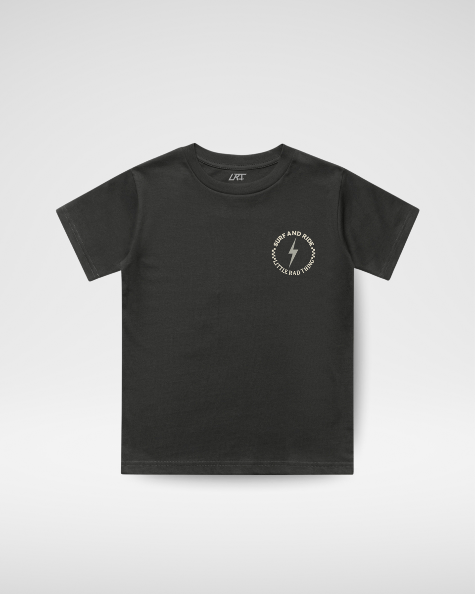 Black t-shirt with a logo on a white background