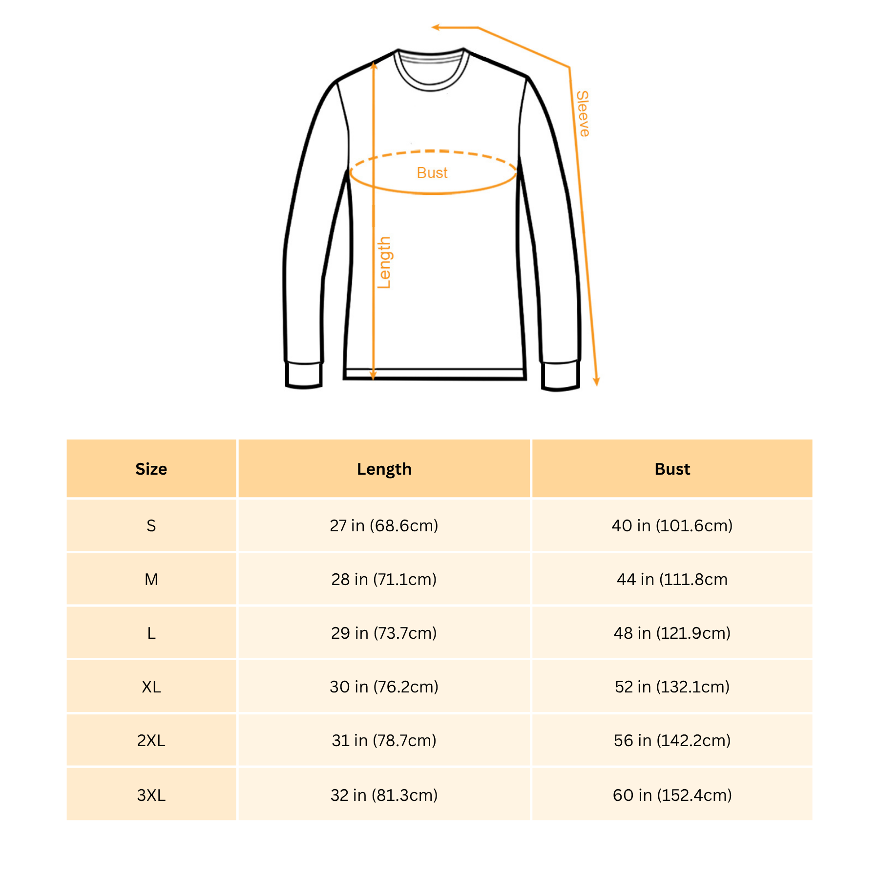 Measurement chart for a long-sleeve shirt with size chart on a white background