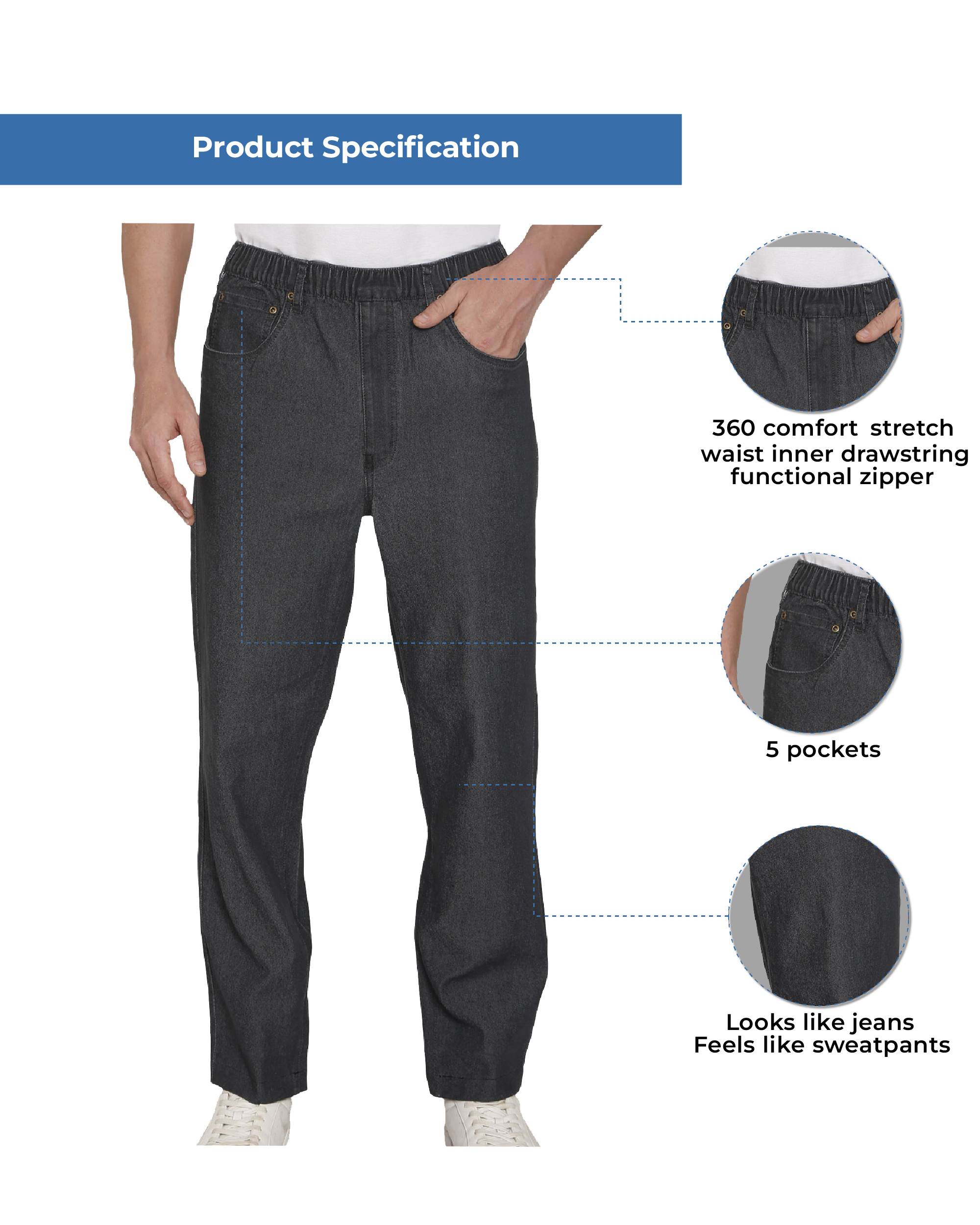 Men’s Pull-On Denim Pants – Elastic Waist, Lightweight | Spring & Summer
