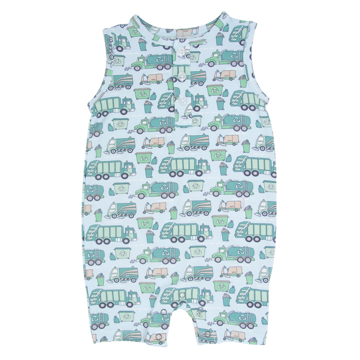 Baby romper with garbage truck pattern on a light blue background