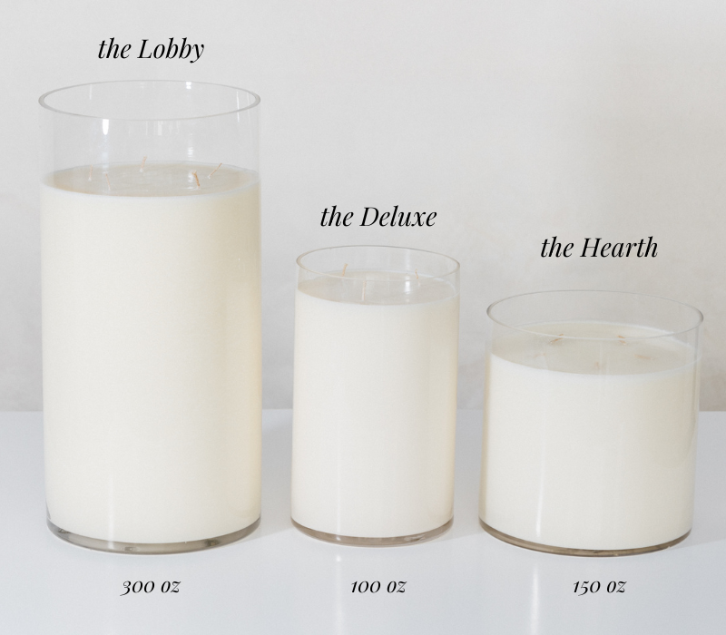 Three candles labeled 'the Lobby', 'the Deluxe', and 'the Hearth' with their respective sizes on a white background.