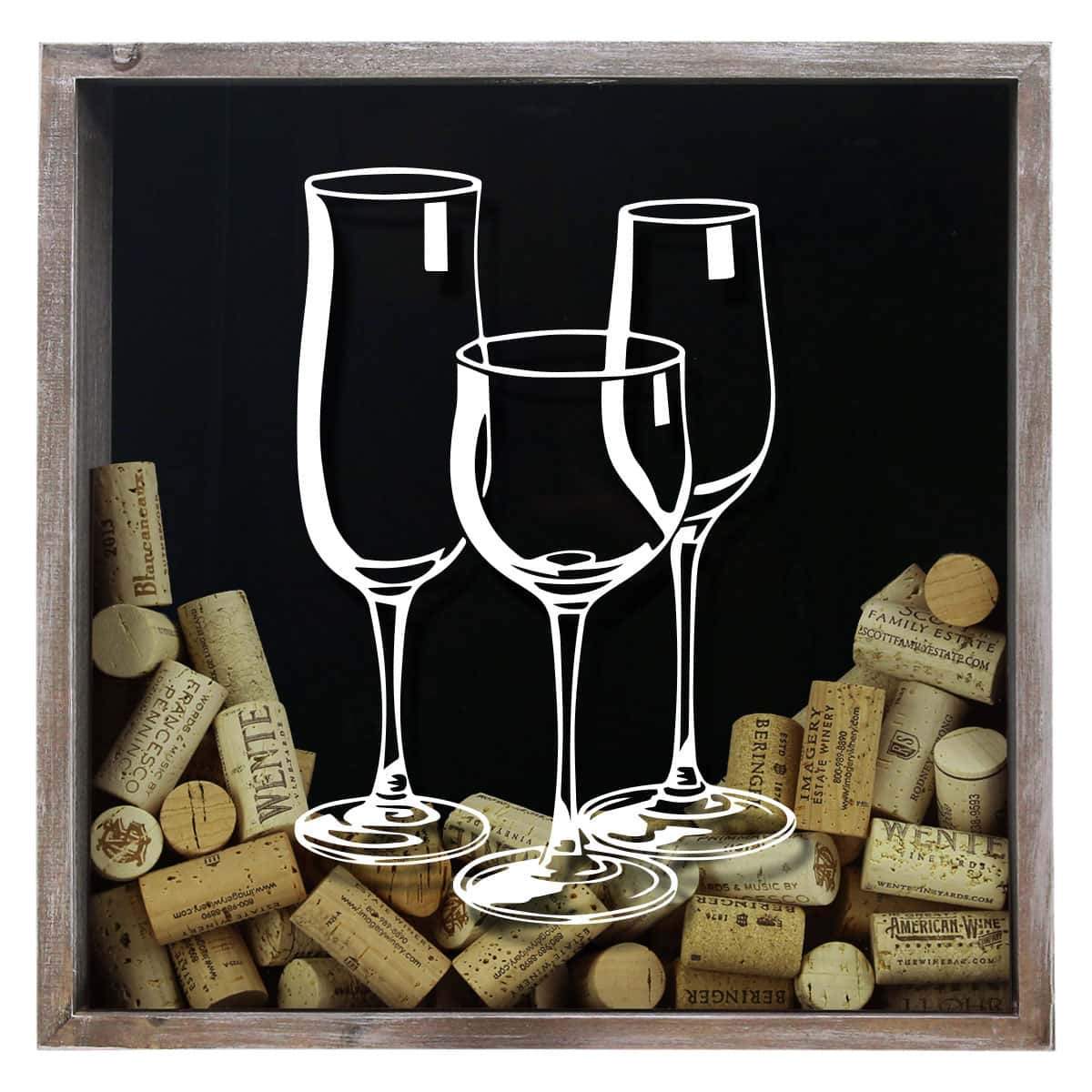 Decorative wall art with wine glasses and corks on a black background