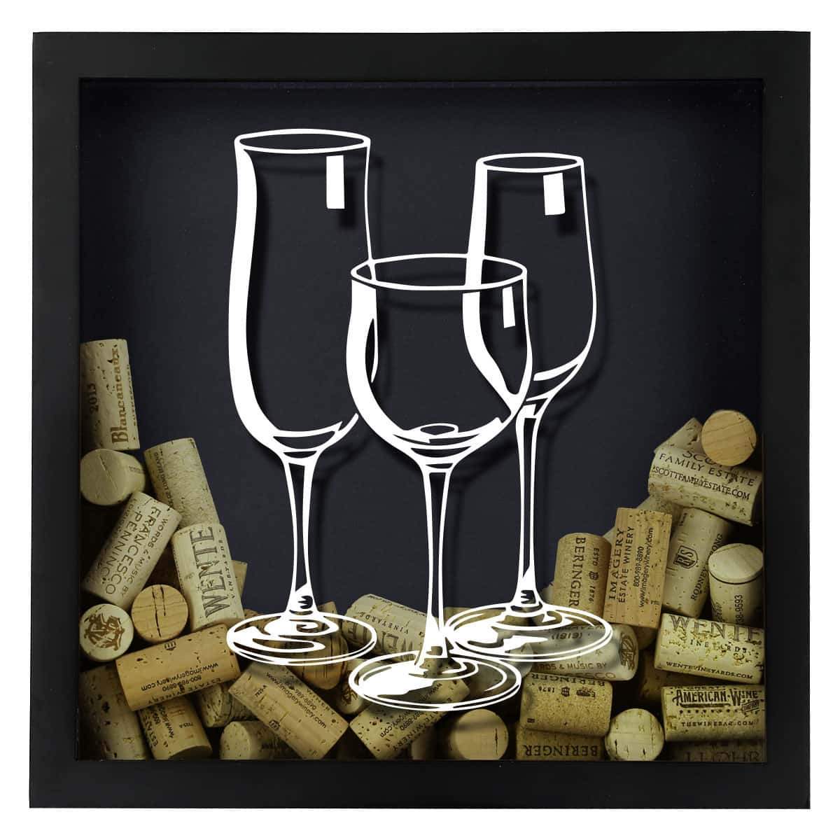 Decorative wall art with wine glasses and corks on a black background