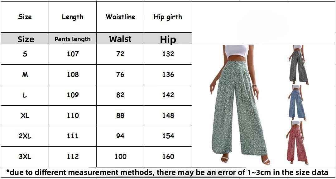 Size chart for pants with measurements and a model wearing the pants.