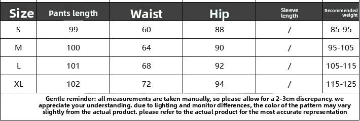 Size chart for pants with measurements in centimeters