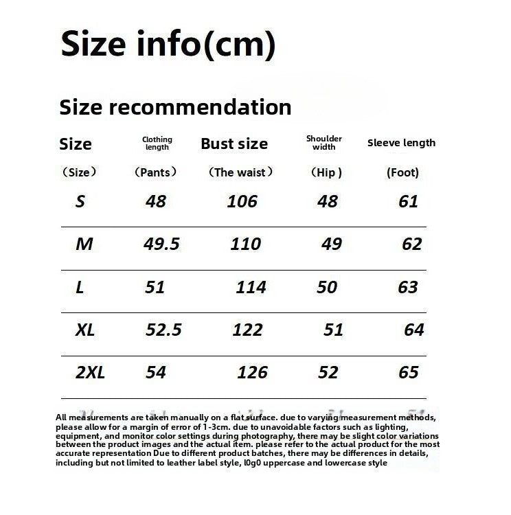 Size chart for clothing measurements in centimeters