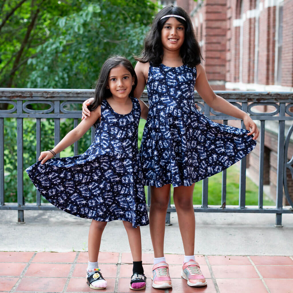 Twin Prime Numbers Constellation Play Dress | Twirly Skirt & Pockets | Navy | Sizes 2T–16