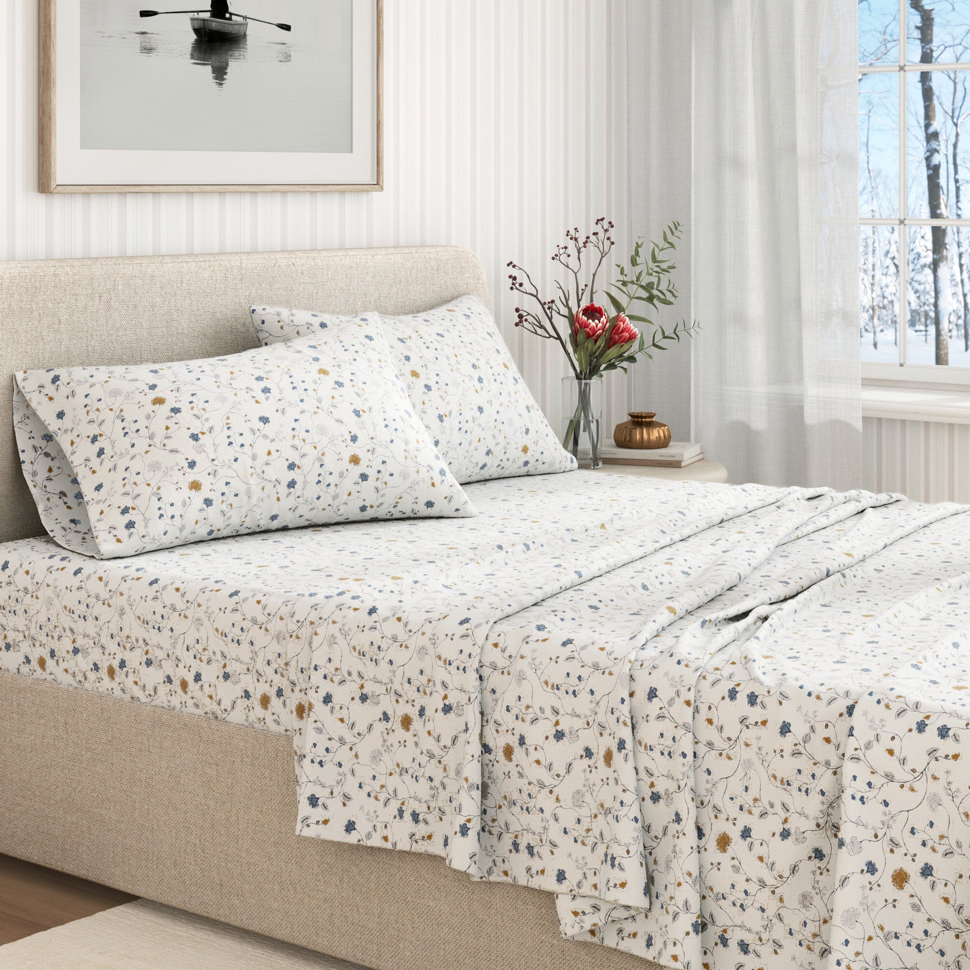 Turkish Cotton Flannel Sheet Set — Double-Brushed, Floral Print | OEKO-TEX® Certified