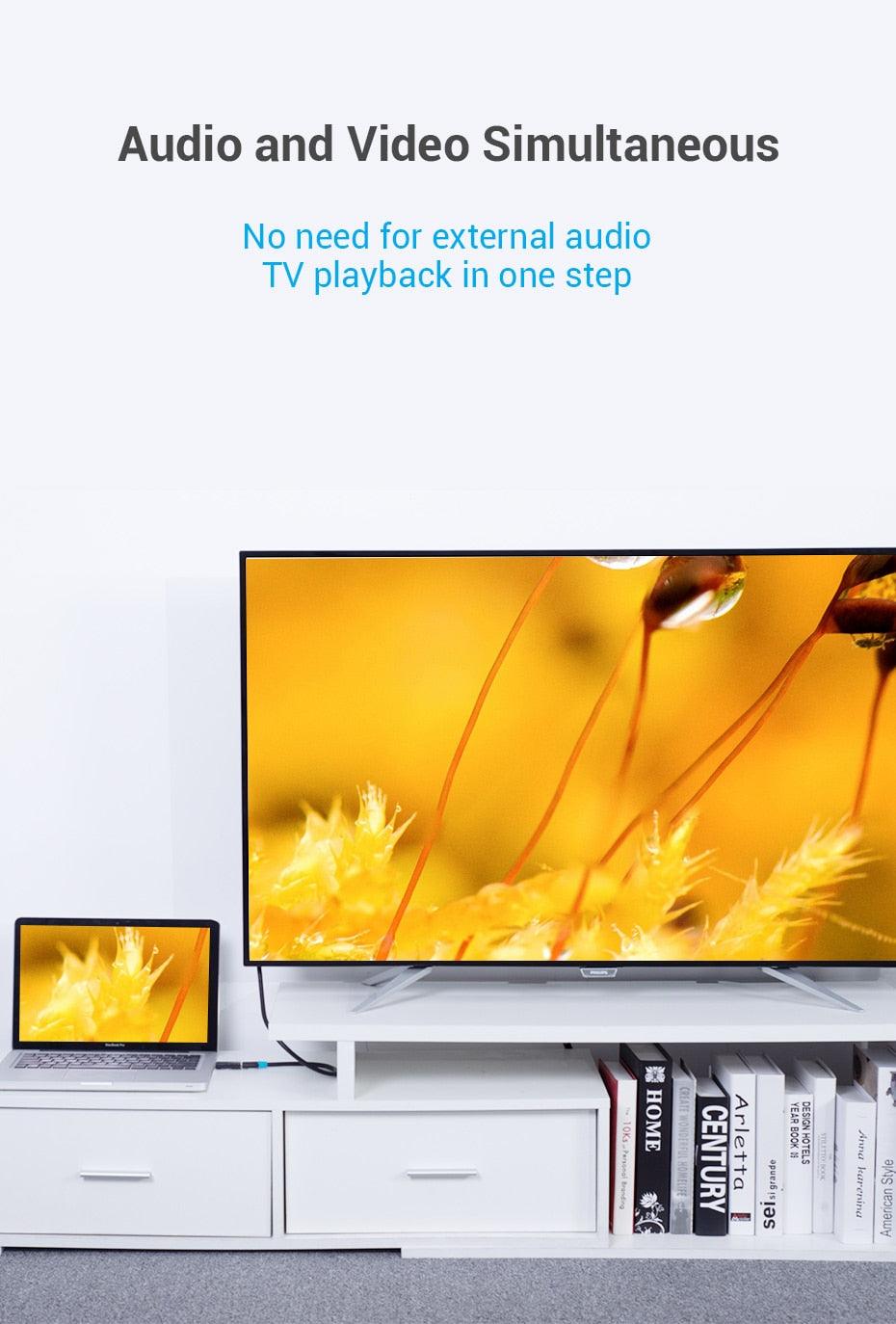 TV screen displaying a yellow floral image with text about audio and video simultaneous playback.