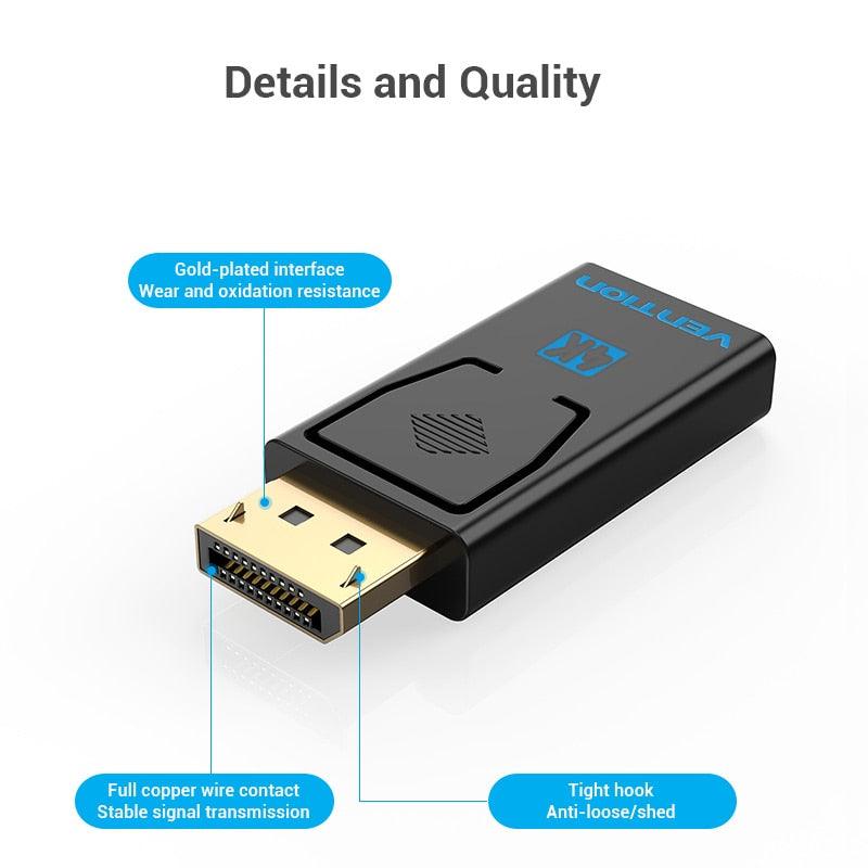 DisplayPort adapter with labeled features on a white background