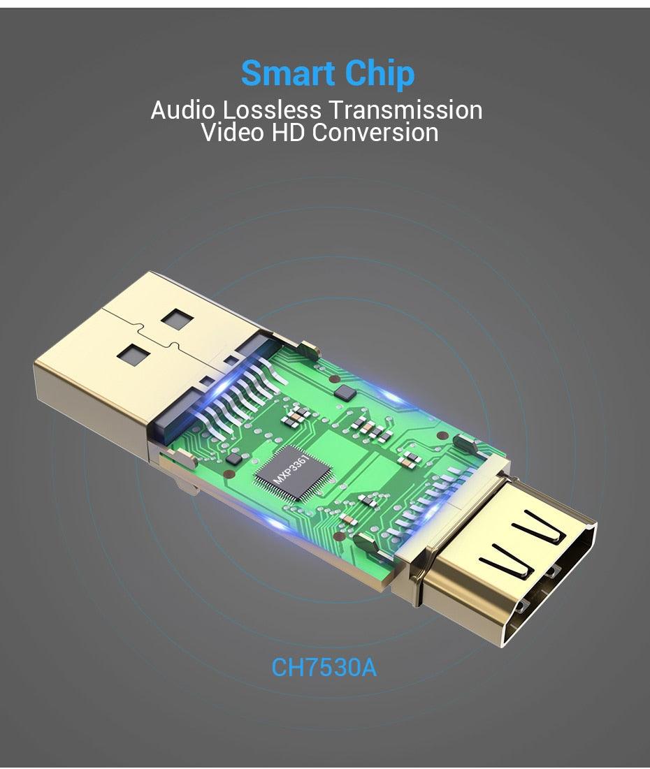 USB adapter with smart chip for audio and video transmission on a gray background