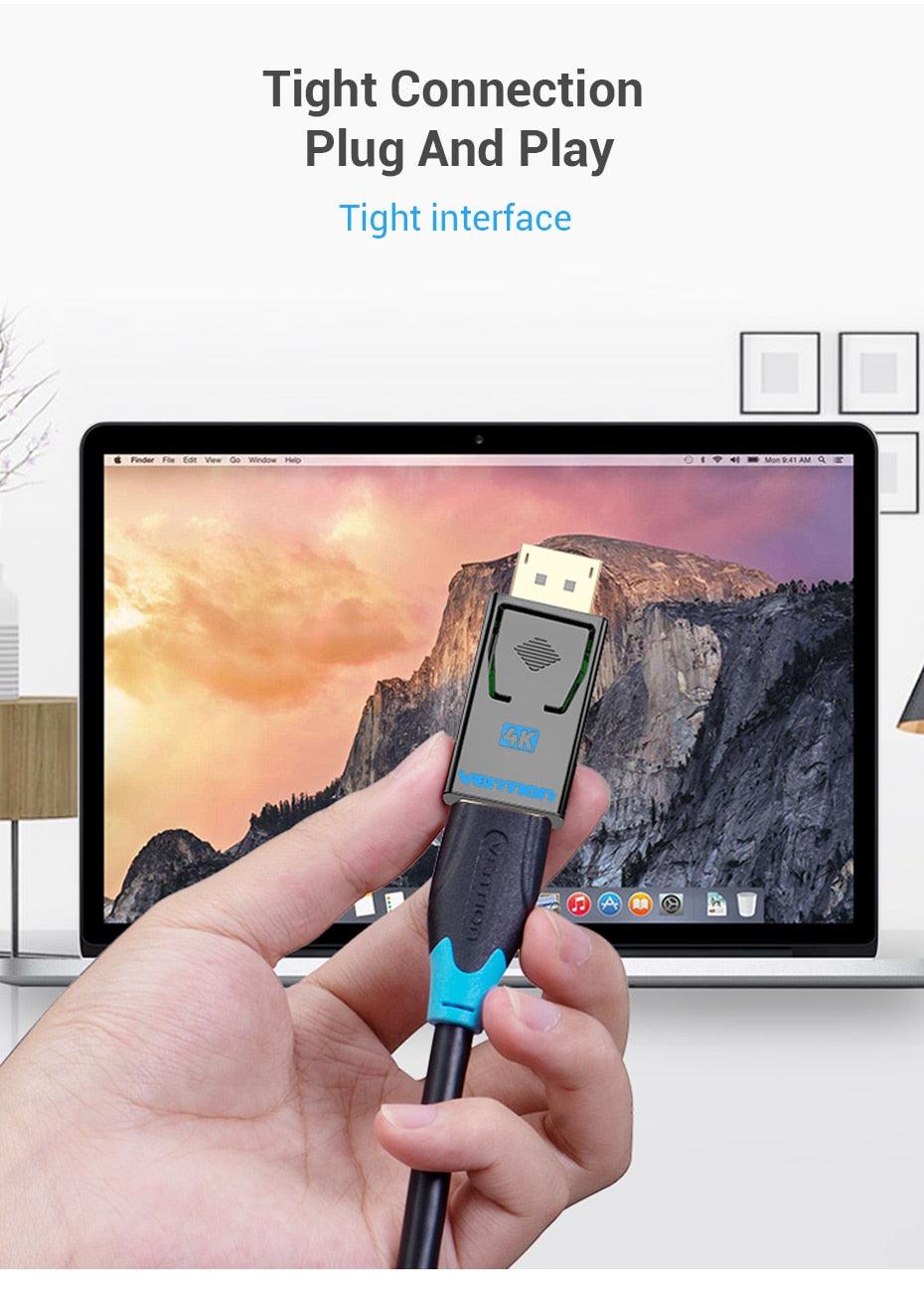Hand holding a USB cable with a laptop in the background, emphasizing 'Tight Connection Plug And Play' text.