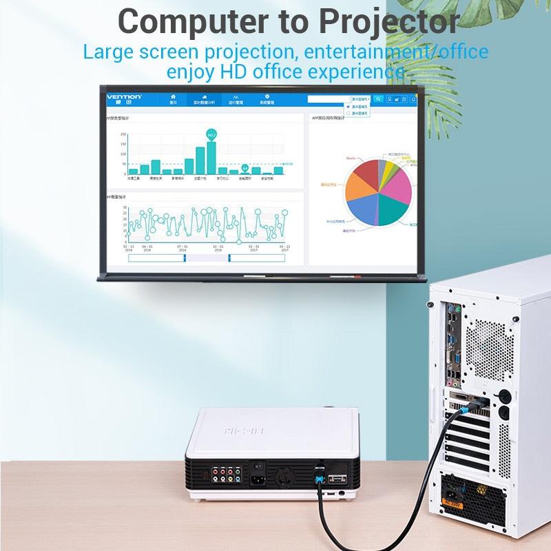 Computer projecting onto a screen with a projector and computer setup on a desk.