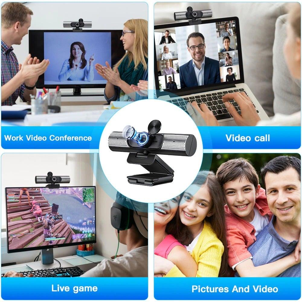 Collage of people using a webcam for video calls, live games, and family gatherings.