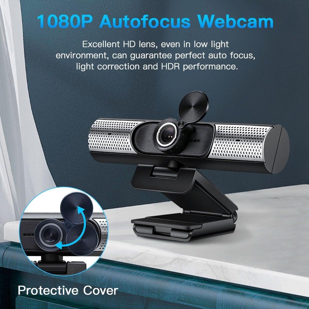 1080P autofocus webcam with protective cover on a desk