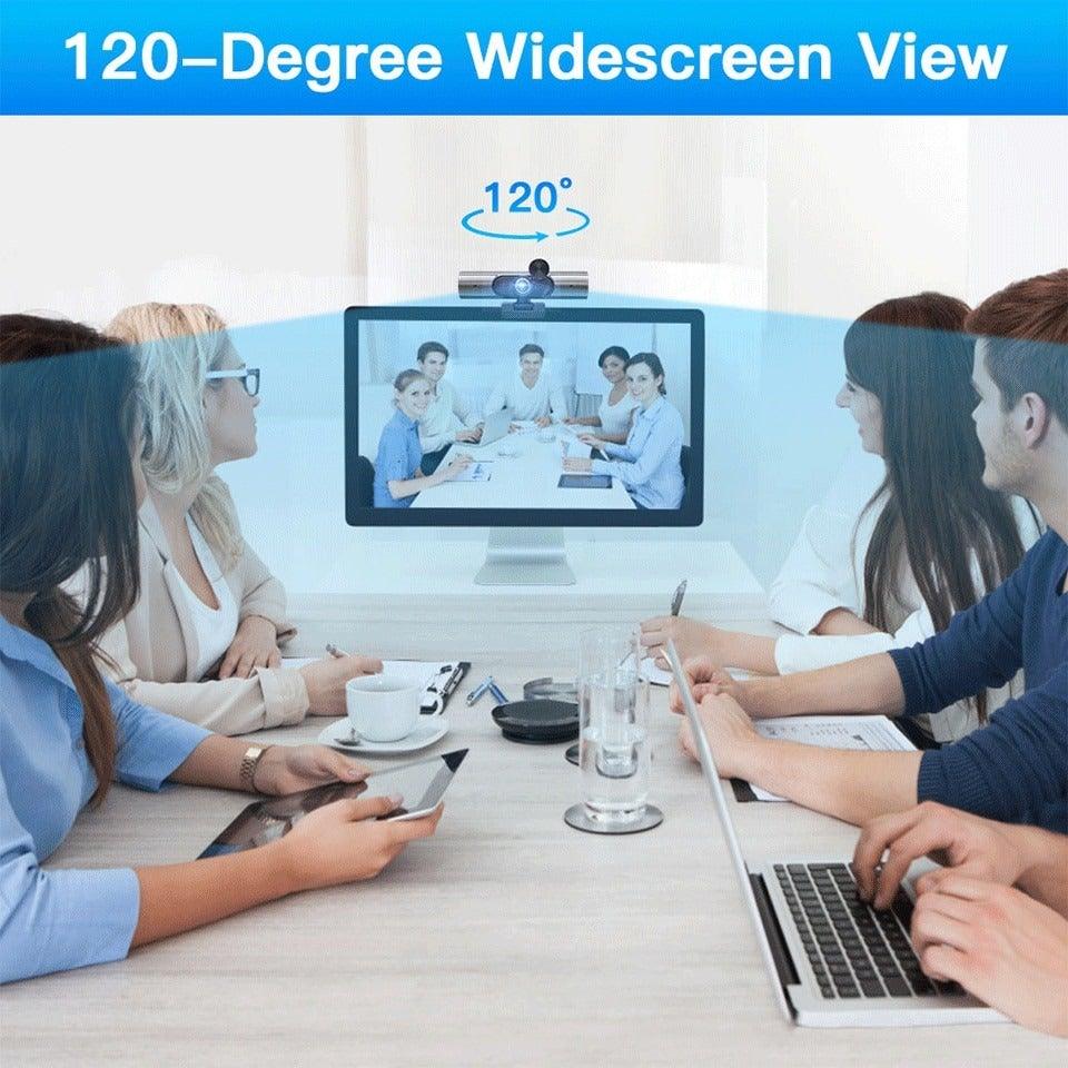 Group of people in a video conference with a 120-degree widescreen view feature highlighted.