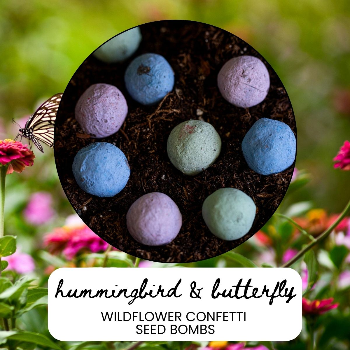 Wildflower confetti seed bombs in a circular arrangement with a butterfly on a blurred natural background.