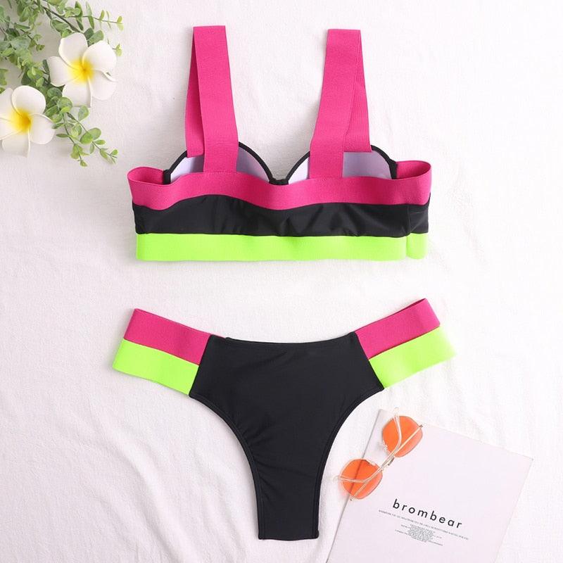 Women's Neon Patchwork Push-Up Bikini Set | 2-Piece Cutout Swimsuit | STEVVEX Fashion