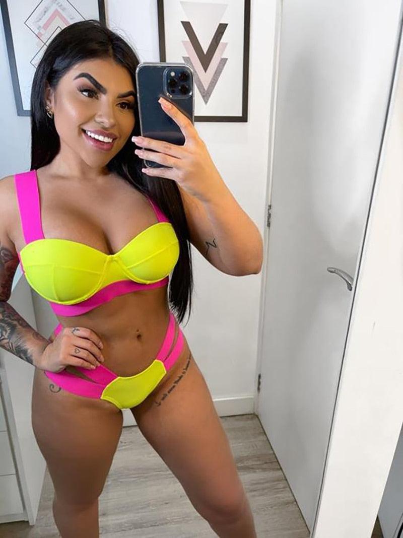 Women's Neon Patchwork Push-Up Bikini Set | 2-Piece Cutout Swimsuit | STEVVEX Fashion