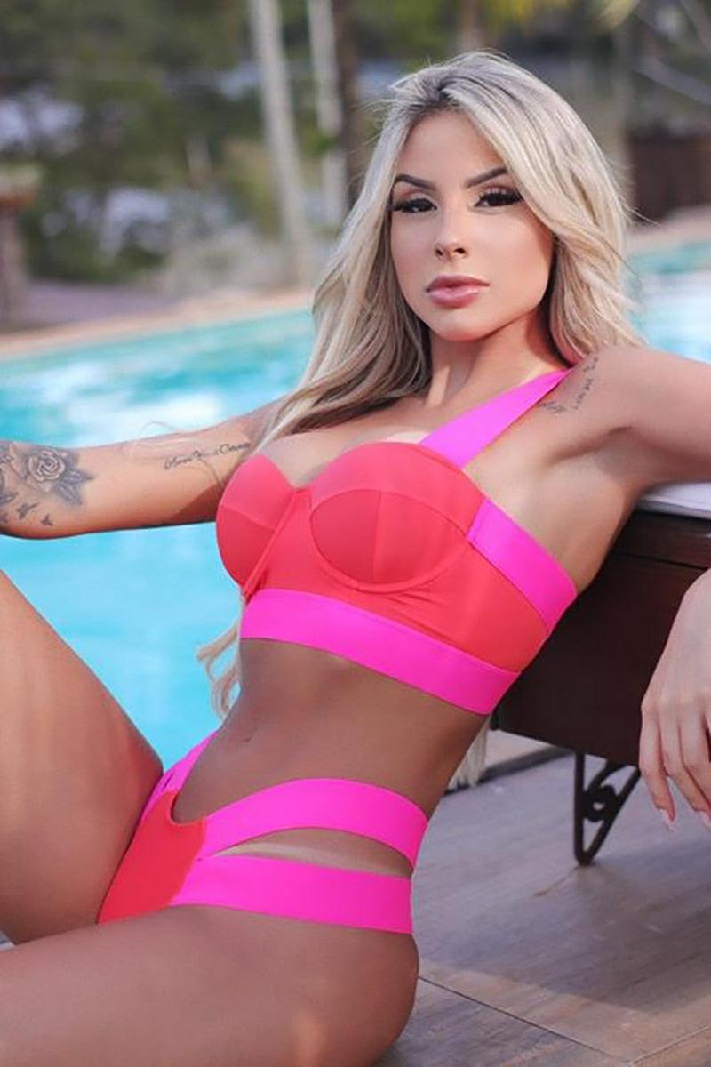 Women's Neon Patchwork Push-Up Bikini Set | 2-Piece Cutout Swimsuit | STEVVEX Fashion