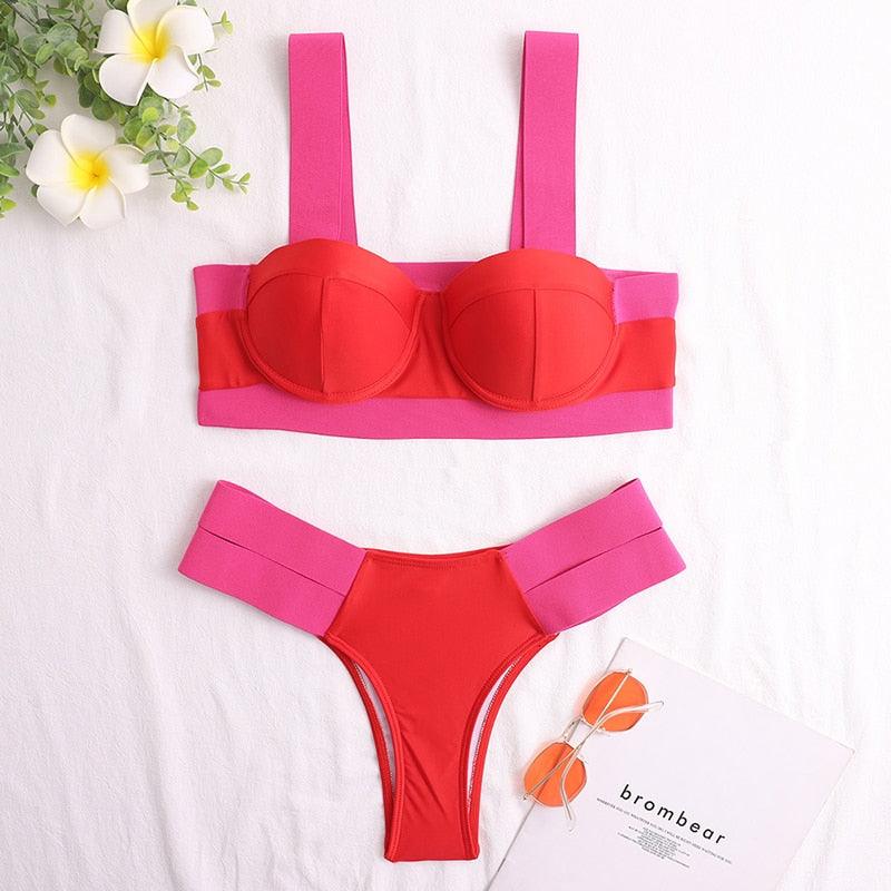 Women's Neon Patchwork Push-Up Bikini Set | 2-Piece Cutout Swimsuit | STEVVEX Fashion