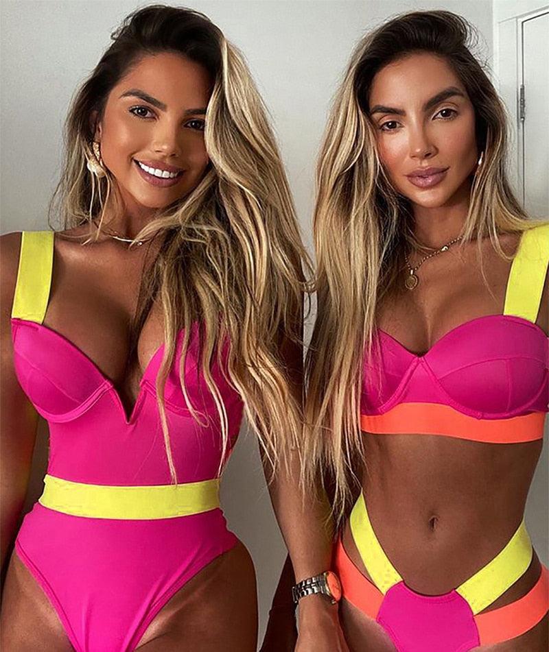Women's Neon Patchwork Push-Up Bikini Set | 2-Piece Cutout Swimsuit | STEVVEX Fashion