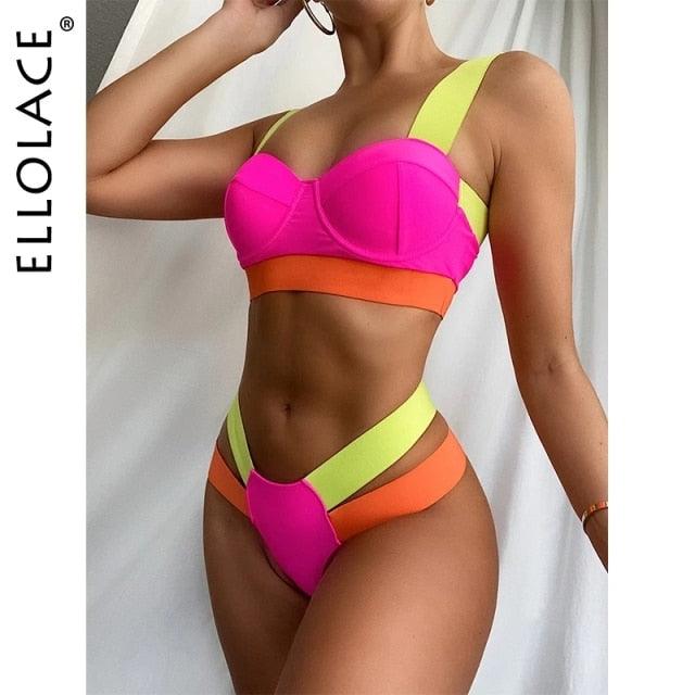 Women's Neon Patchwork Push-Up Bikini Set | 2-Piece Cutout Swimsuit | STEVVEX Fashion