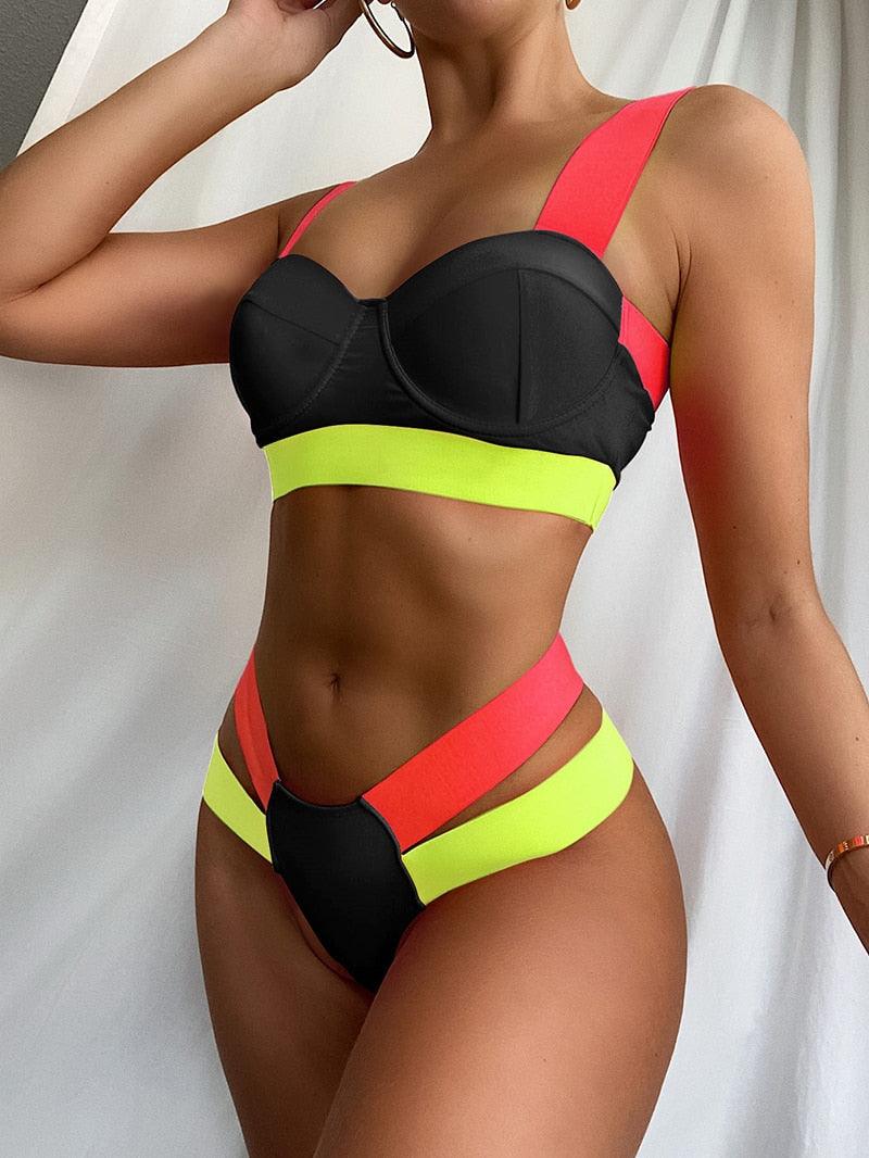 Women's Neon Patchwork Push-Up Bikini Set | 2-Piece Cutout Swimsuit | STEVVEX Fashion
